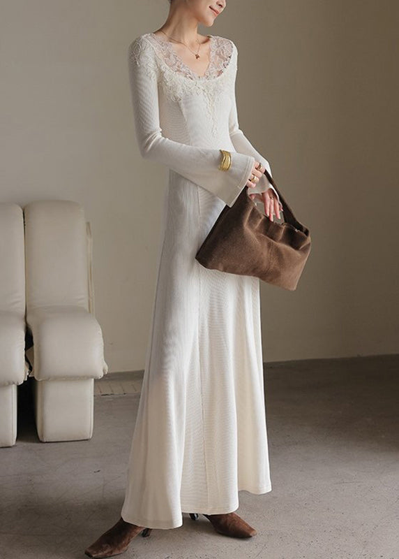 Fine Oatmeal O-neck Lace Patchwork Cotton Knit Long Sweater Dress Spring