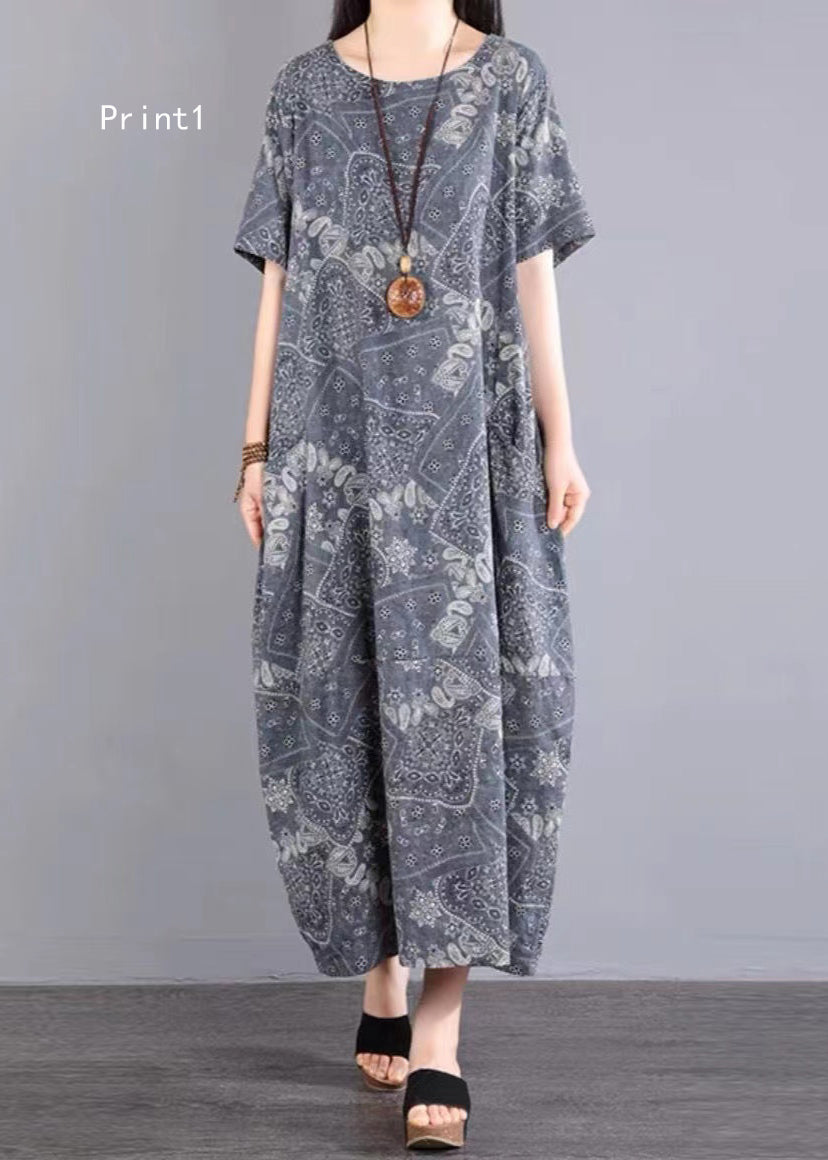 O Neck Print Pockets Patchwork Cotton Dress Summer