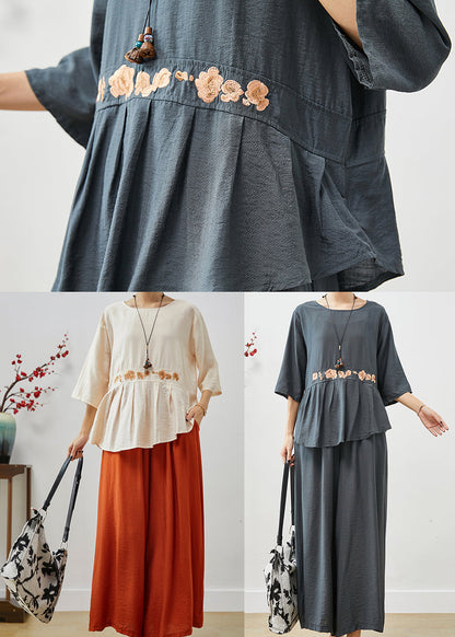 Apricot Embroideried Asymmetrical Cotton Two Pieces Set Fall