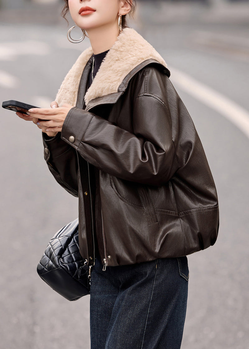 Chocolate Fur Collar Oversized Duck Down Faux Leather Coats Winter