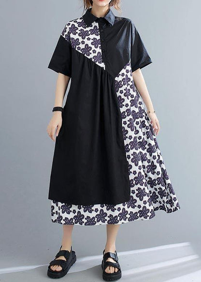 Unique Black Patchwork Print Peter Pan Collar Summer Chiffon Dress