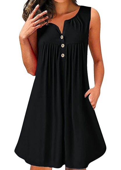 Red V Neck Wrinkled Cotton Mid Dress Sleeveless Summer