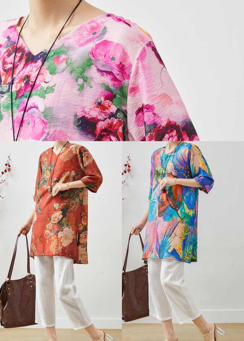 Red Oversized Print Linen Two-piece Set Summer