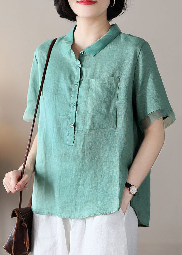 Green Organza Patchwork Linen Shirt Top Pocket Button Short Sleeve
