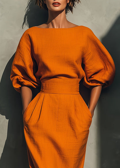 New Orange Pockets Puff Sleeve Cotton Long Dresses Spring