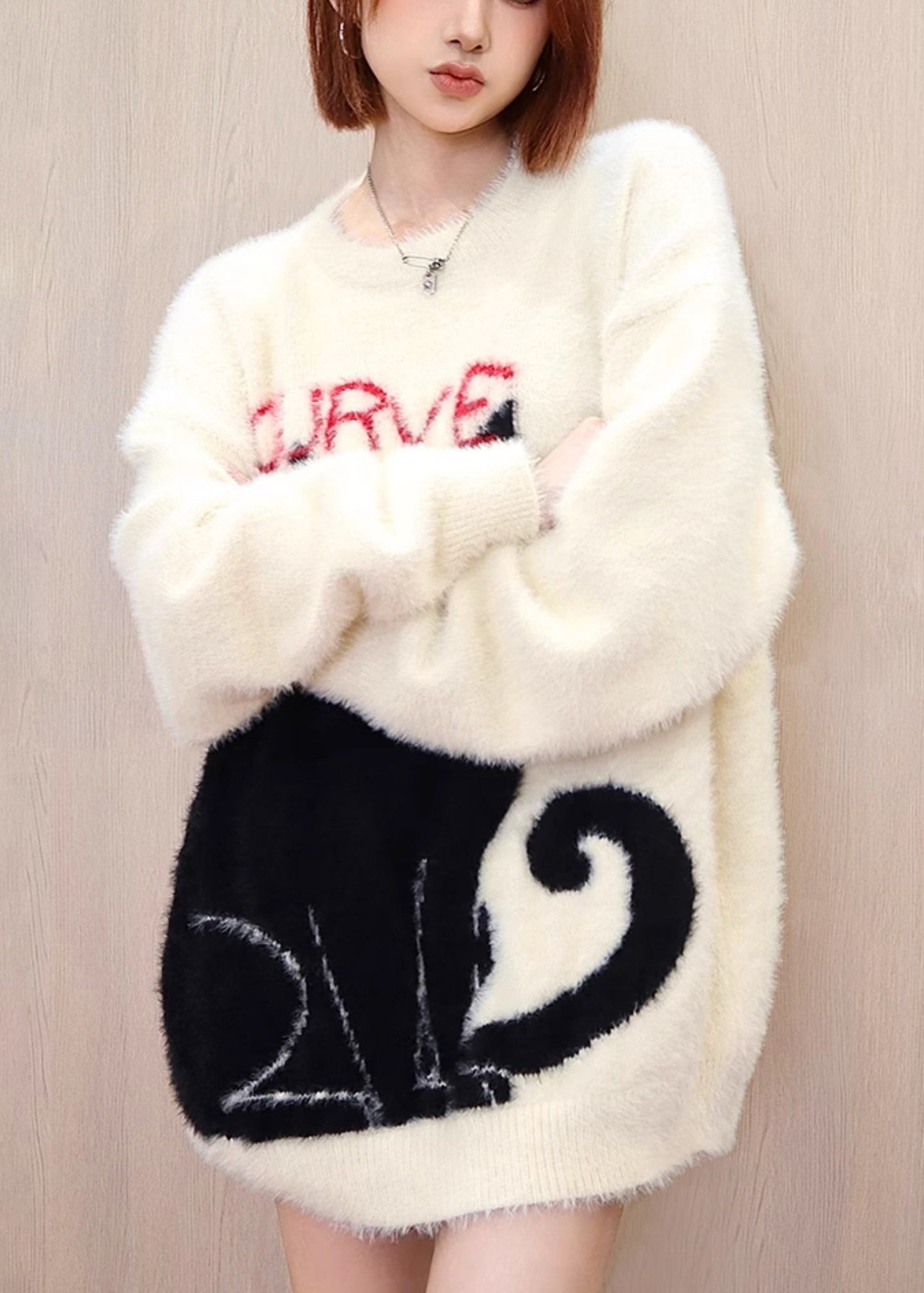 Apricot Cat Mink Hair Knitted Pullover O Neck Spring