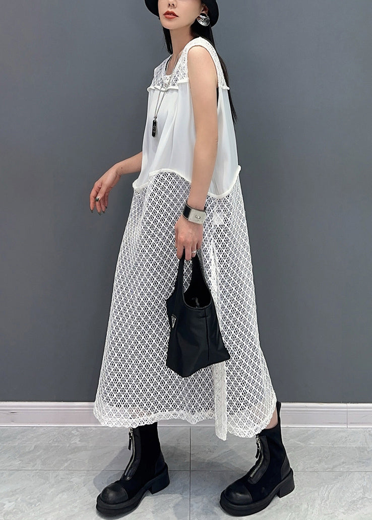 White O Neck Hollow Out Knit Dress Sleeveless