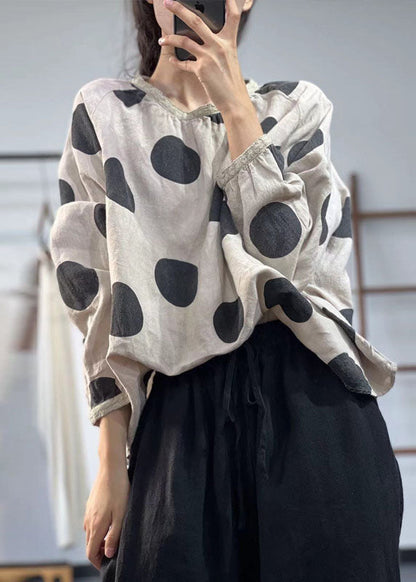 Beige Oversized Dot Print Linen Shirts Fall