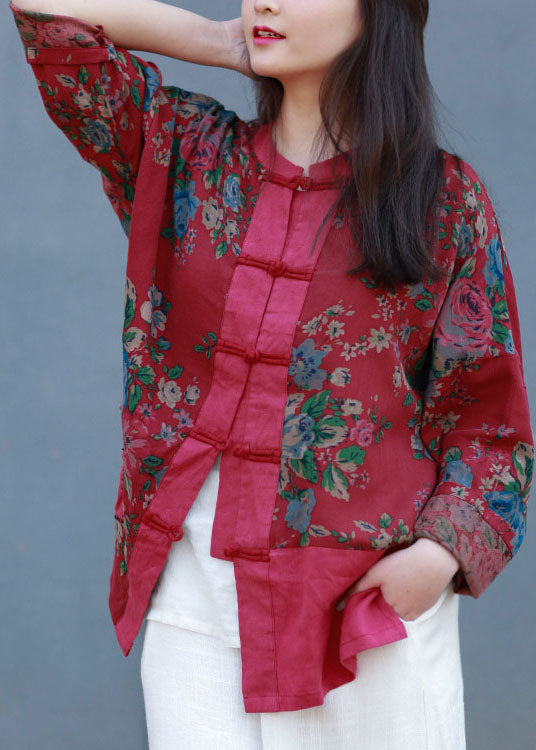 Red Stand Collar Patchwork Print Linen Blouses Spring