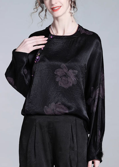 Loose Black O-neck Button Print Silk Blouses Fall
