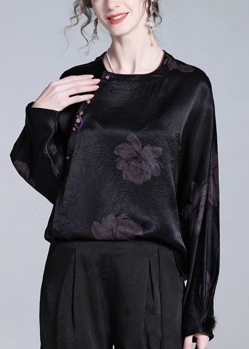 Loose Black O-neck Button Print Silk Blouses Fall