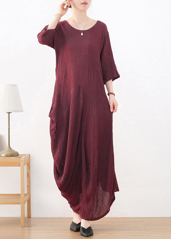 Natural Wine Red O-neck Wrinkled Linen Long Dress Long Sleeve
