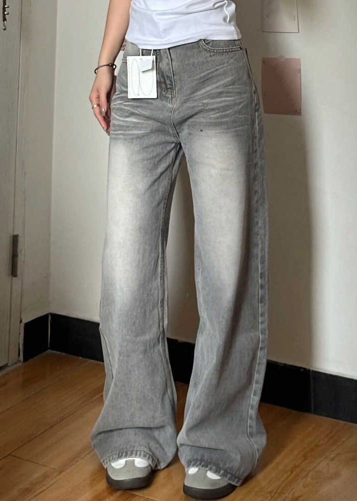Grey Pockets High Waist Denim Wide Leg Pants Fall