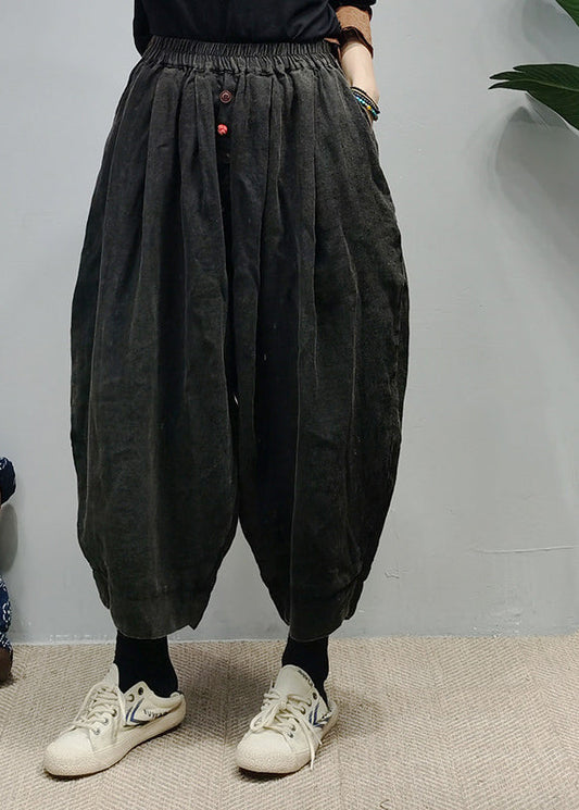 Loose Black Elastic Waist Linen Harem Pants Spring
