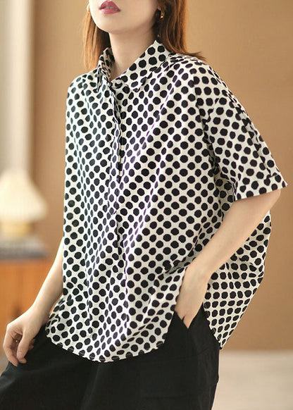 Black Dot Print Peter Pan Collar Cotton Shirts Short Sleeve