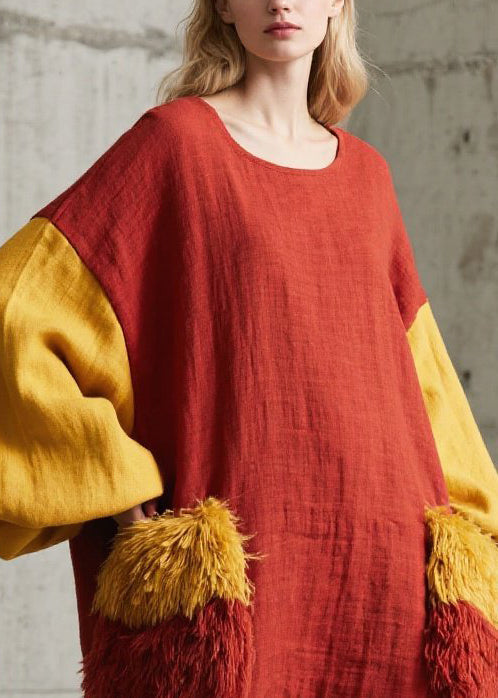 Red Oversized Patchwork Faux Fur Vacation Dress Lantern Sleeve