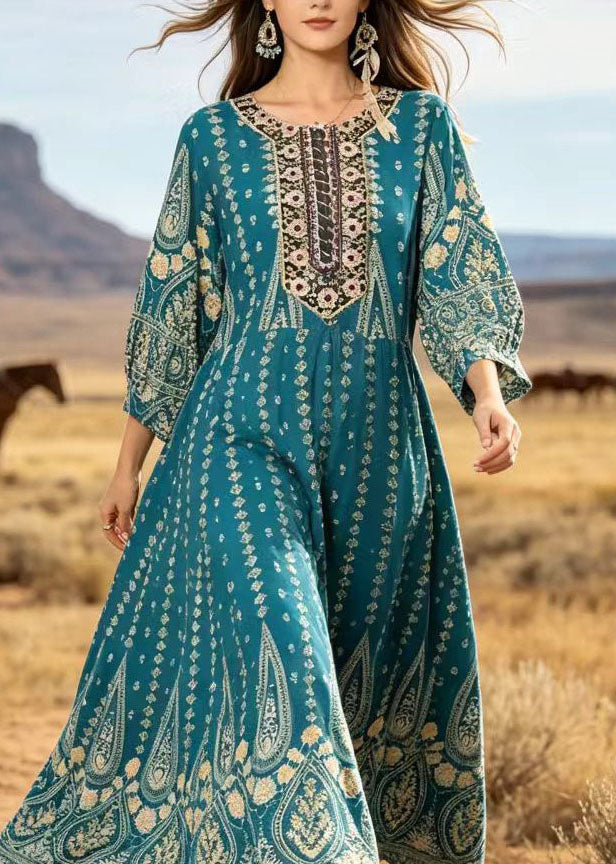 Blue O Neck Print Cotton Ankle Dress Summer