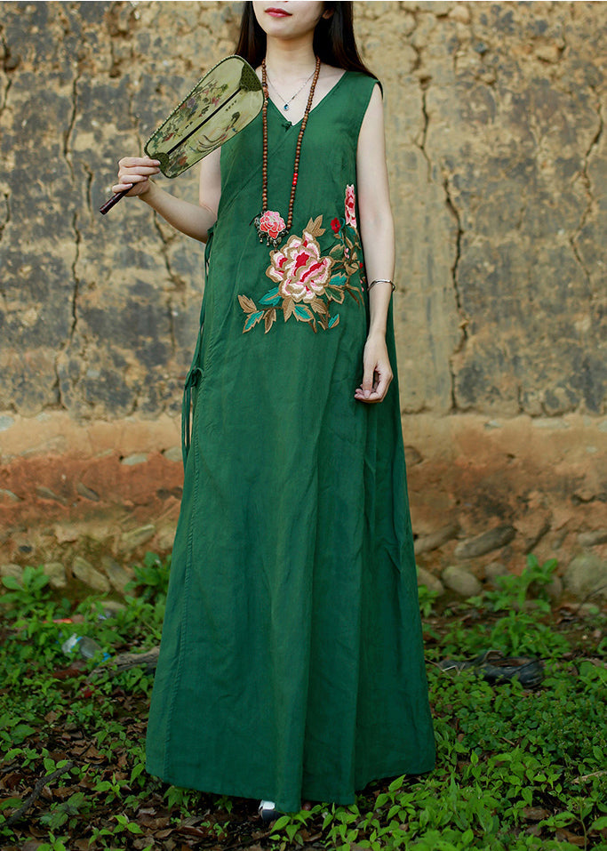 Retro Green V Neck Tie Waist Embroideried Long Dress Sleeveless
