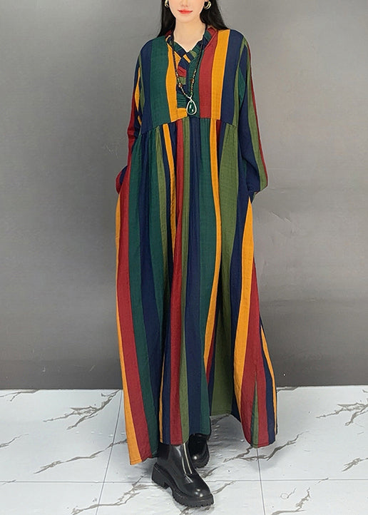 V Neck Ruffled Striped Cotton Long Dresses Fall