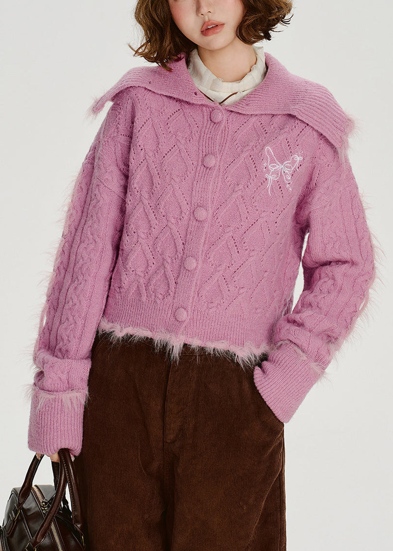 Rose Sailor Collar Patchwork Faux Fur Knit Cardigan Winter