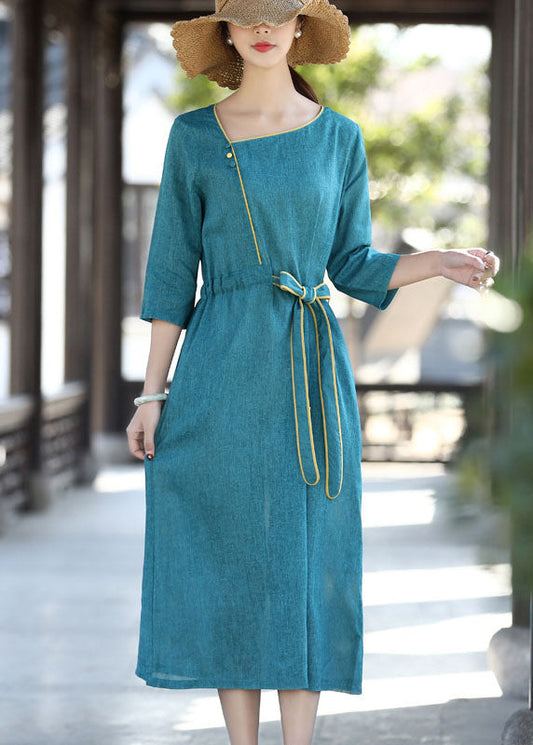 Blue Asymmetrical Patchwork Tie Waist Long Dress Half Sleeve