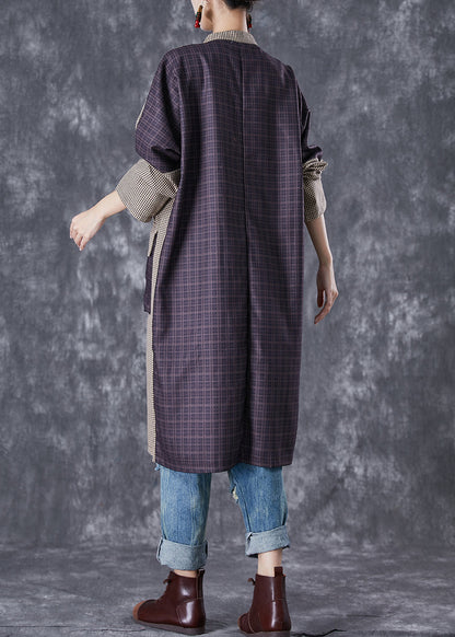 Plaid Patchwork Pockets Cotton Long Blouses Fall