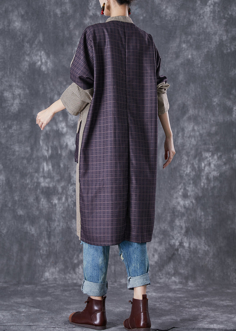 Plaid Patchwork Pockets Cotton Long Blouses Fall