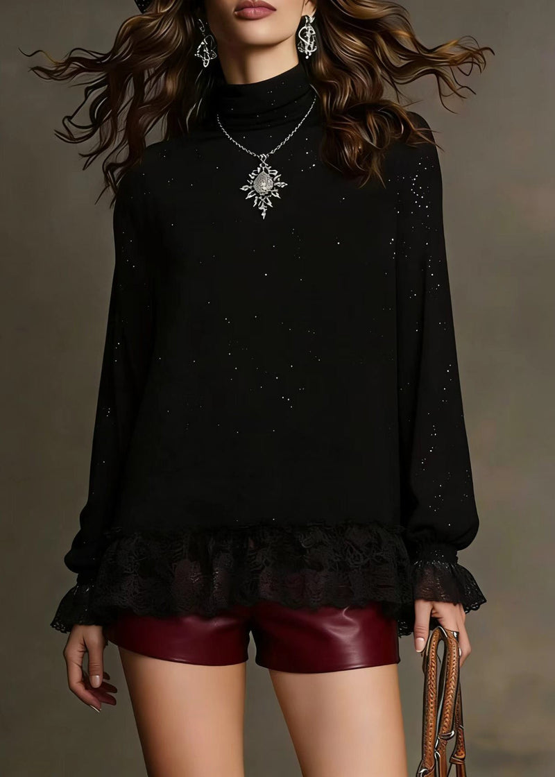 Black Sequins Lace Patchwork Knit Blouses Spring