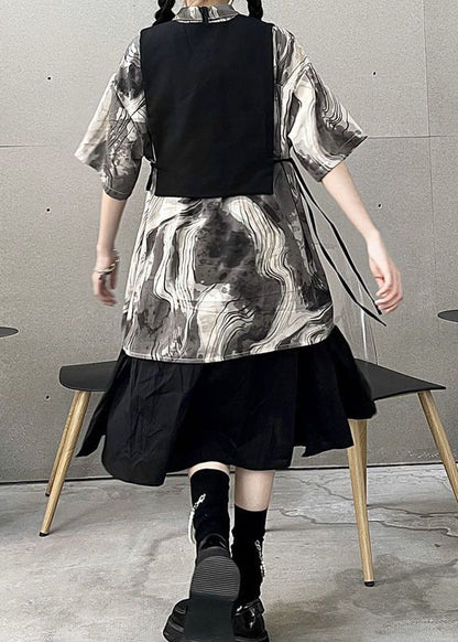 Original Design Oversized Tie Dye Lace Up Cotton Vest and Shirt Two Pieces Set Fall