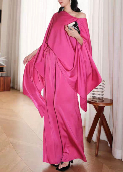 French Rose Asymmetrical Silk Two Pieces Set Batwing Sleeve