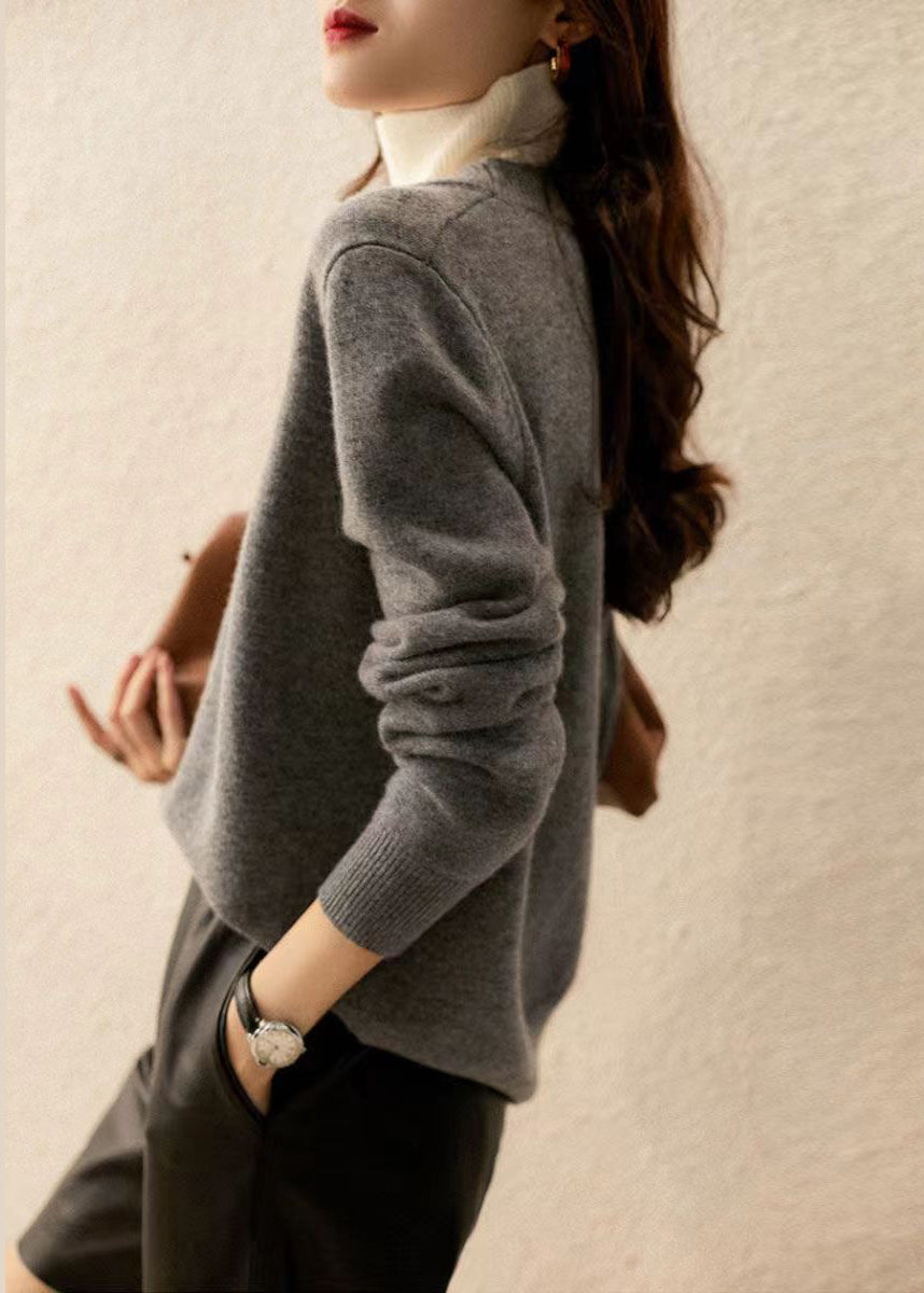 Grey Hign Neck Thick Patchwork Woolen Knit Pullover Fall