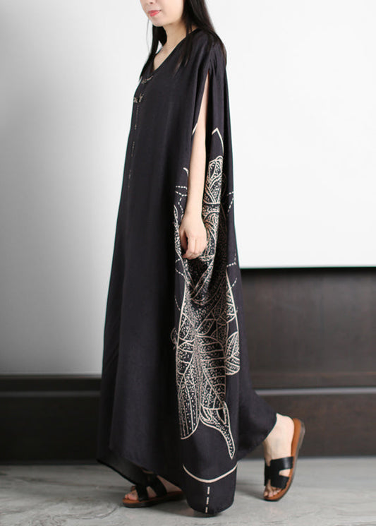 Unique Black O-neck Asymmetrical Patchwork Print Silk Vacation Dresses Half Sleeve