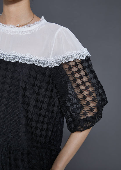 Black Puff Sleeve Patchwork Chiffontulle Maxi Dress Summer