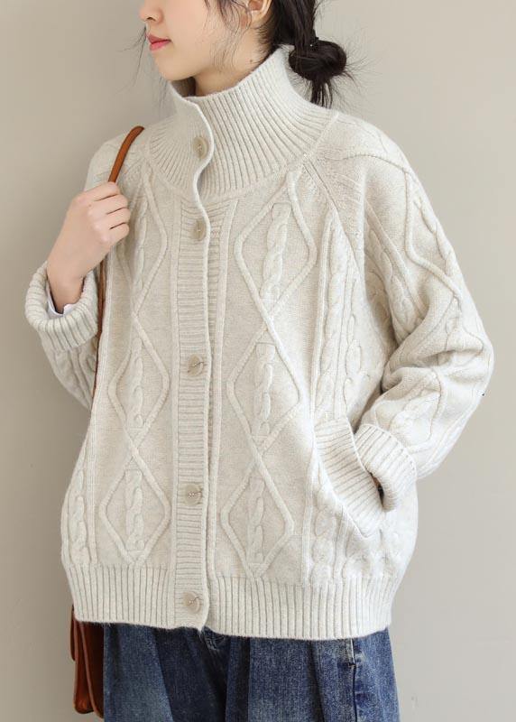 Cozy Beige Sweaters Stand Collar Pockets Spring Knit Sweat Tops