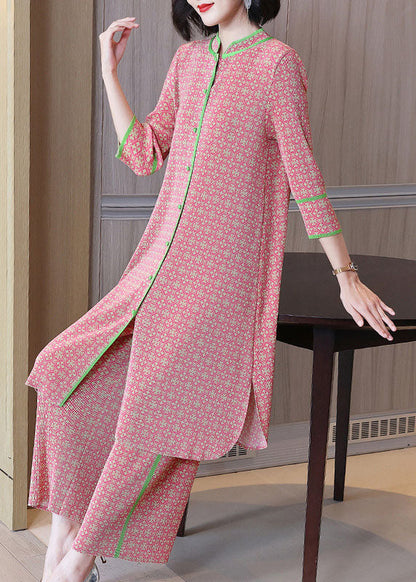 Pink Stand Collar Print Silk Long Shirts and Wide Leg Pants Two-piece Set