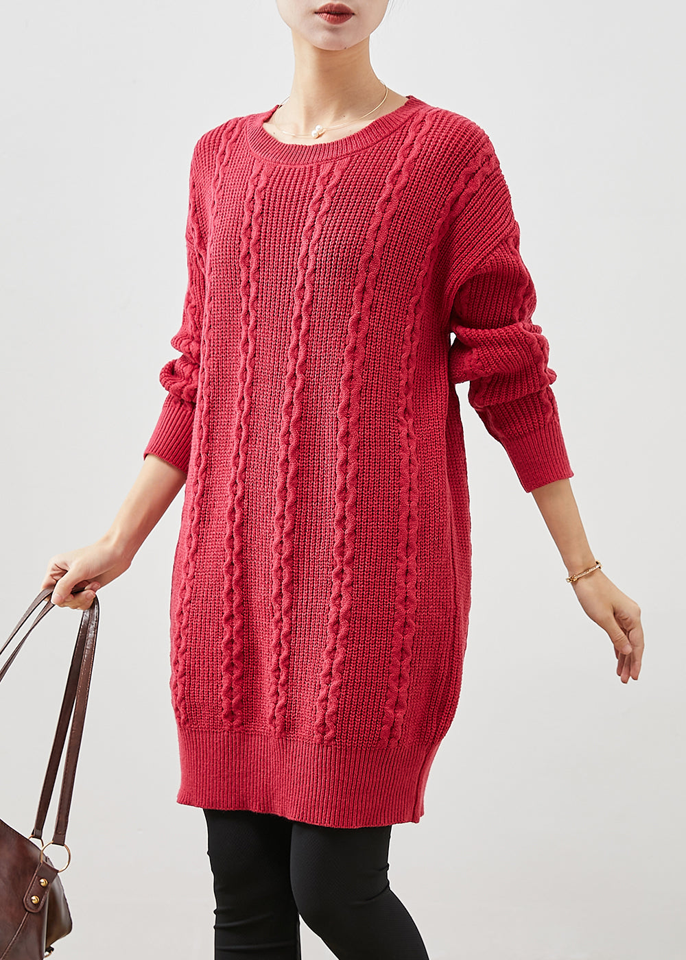 Red O-neck Warm Cable Knit Dress Winter