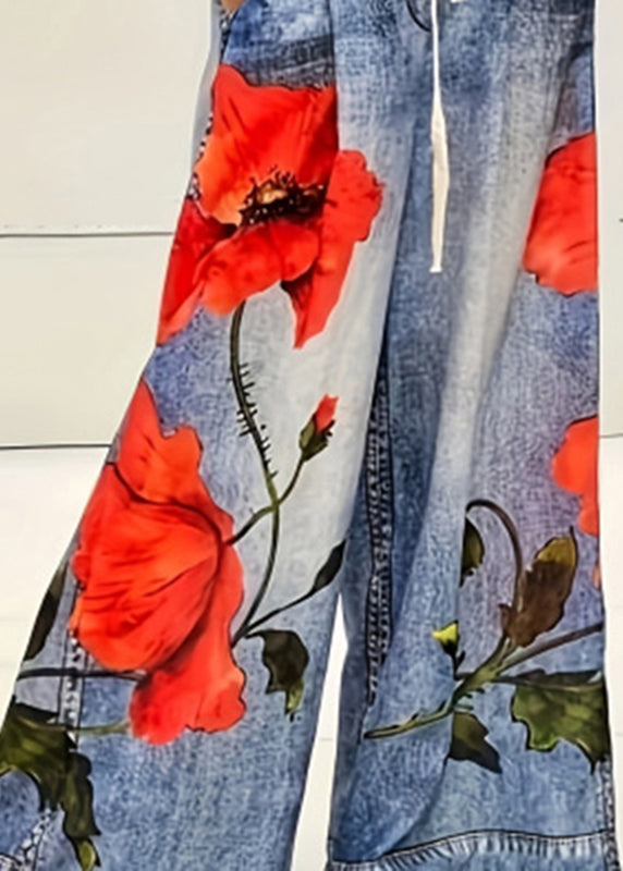Blue Print Elastic Waist Pockets Wide Leg Jeans Summer