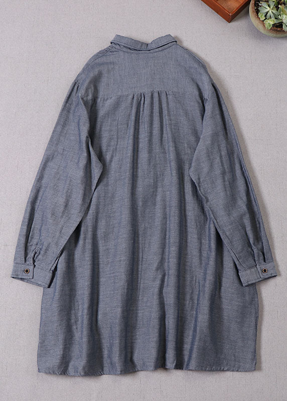 Fitted Grey Peter Pan Collar Wrinkled Cotton Dresses Spring