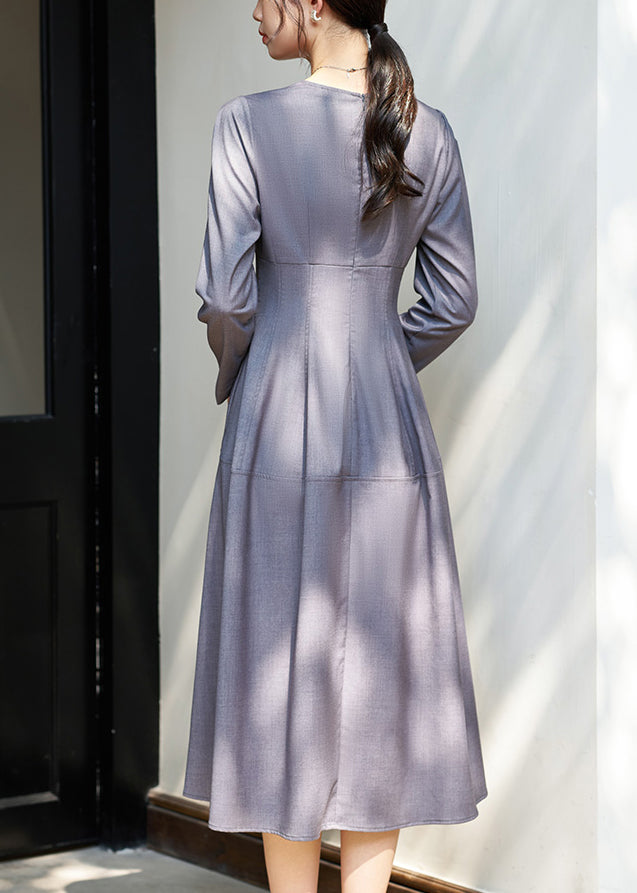 Grey O Neck High Waist Woolen Long Dress Fall