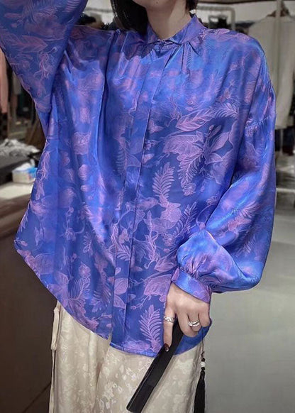 Green Stand Collar Patchwork Jacquard Silk Blouses Fall