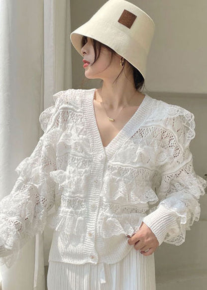 White V Neck Hollow Out Ruffled Blouses Spring