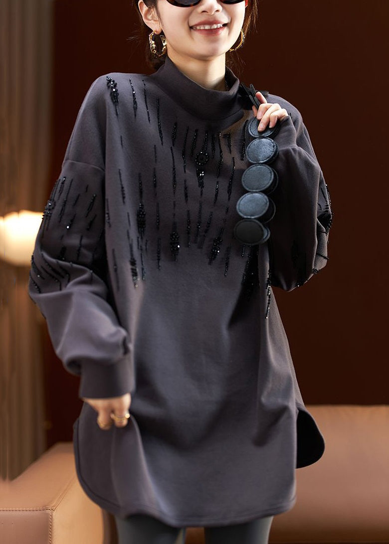 Dark Gray Turtleneck Print Bead Cotton Sweatshirt Long Sleeve