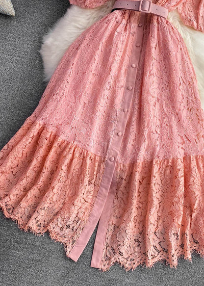 Unique Pink O-neck Sashes Button a Line Maxi Dress Short Sleeve