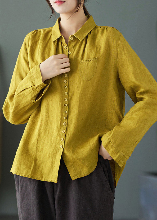 Yellow Peter Pan Collar Embroideried Linen Shirt Long Sleeve