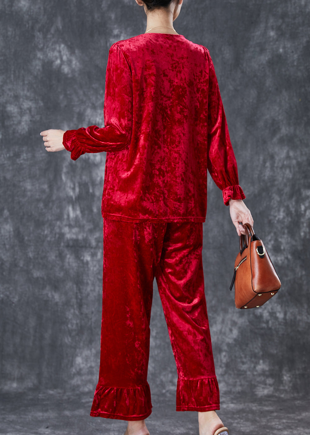 Red Embroideried Patchwork Silk Velour Two Piece Set Fall
