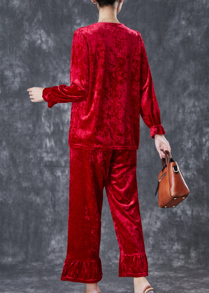 Red Embroideried Patchwork Silk Velour Two Piece Set Fall