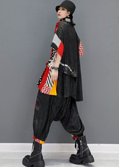 Colorblock Patchwork Print Tops and Harem Pants Two Piece Outfit Summer
