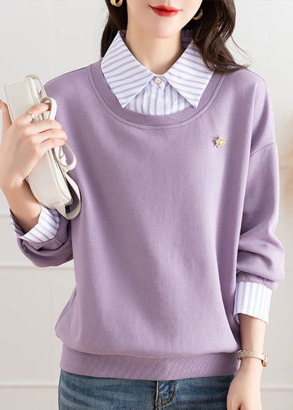 Purple Patchwork False Two Pieces Cotton Top Fall