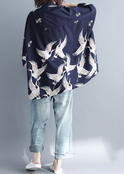 Navy Stand Collar Oversized Print Chiffon Top Batwing Sleeve