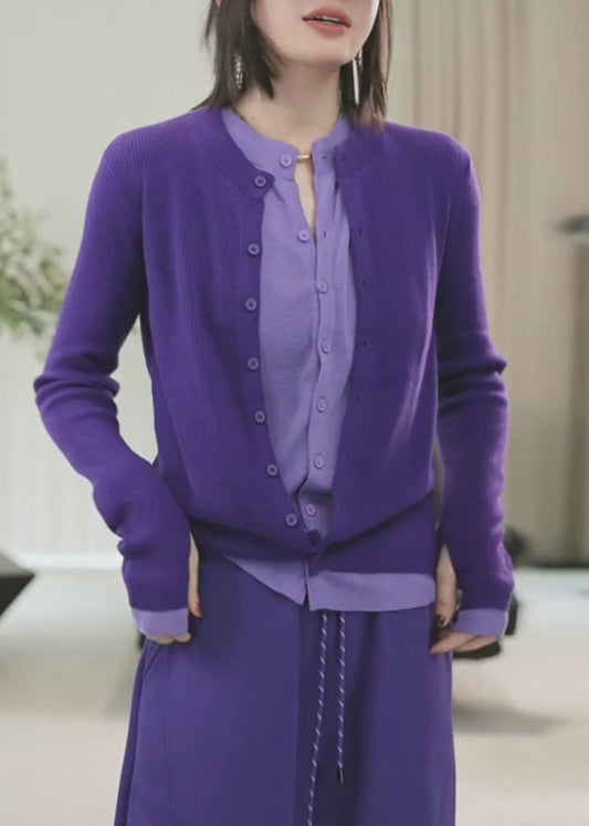 Purple Button Patchwork False Two Pieces Knit Sweaters Winte